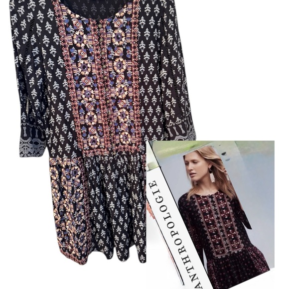 Vanessa Virginia Dress Anthropologie Embroidered Tunic Dress Black Size S - Picture 5 of 10